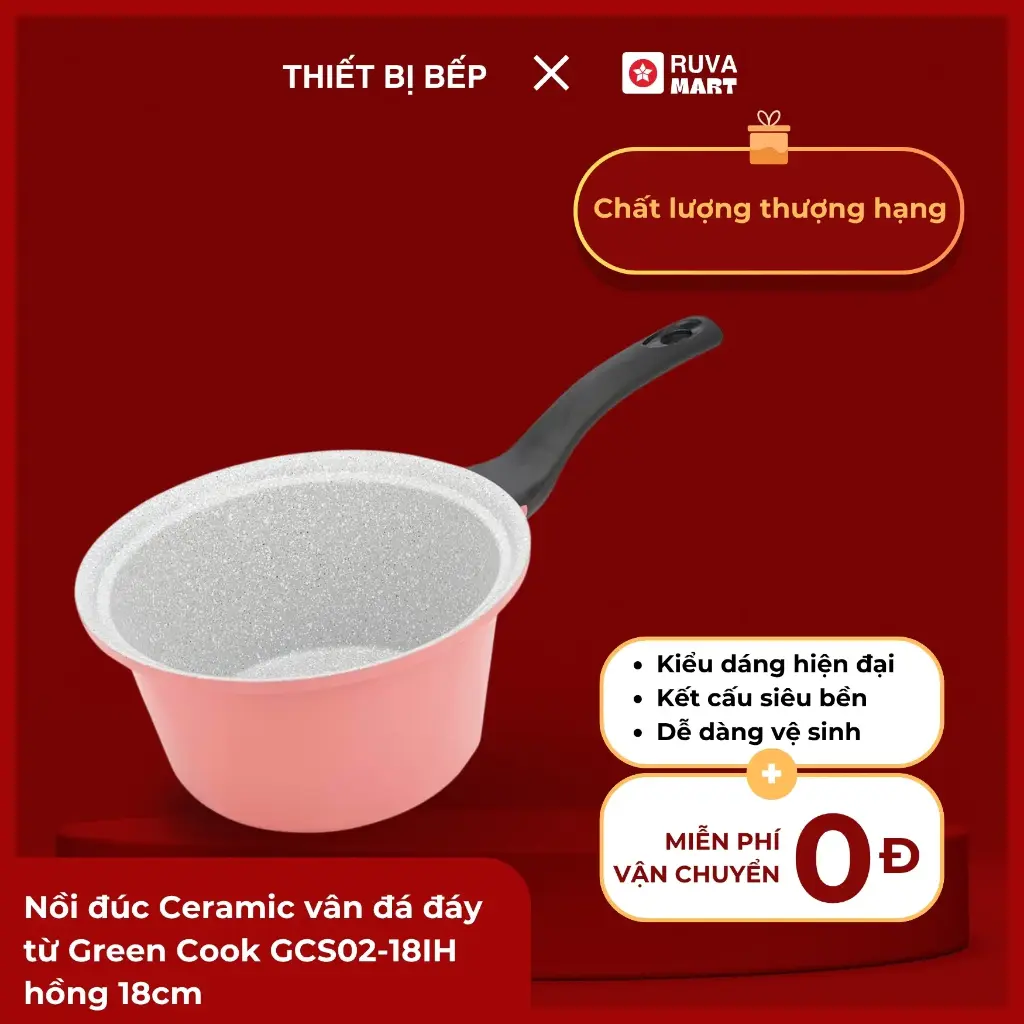 Nồi đúc Ceramic vân đá đáy từ Green Cook GCS02-18IH hồng 18cm - 1732