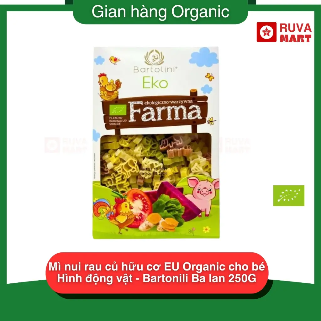 Mì nui rau củ hữu cơ EU Organic cho bé Hình động vật - Bartonili Ba lan 250G - 1780