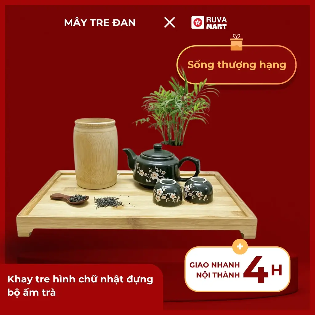 Khay tre hình chữ nhật đựng bộ ấm trà - 2234