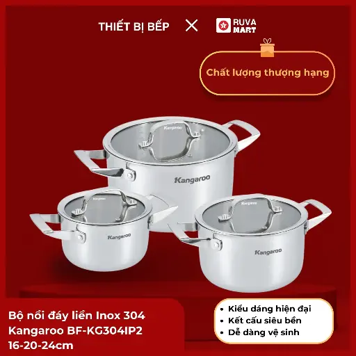 [BCGRT] Bộ nồi đáy liền Inox 304 Kangaroo BF-KG304IP2 16-20-24cm - 1693