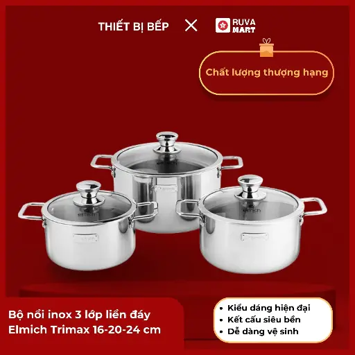 [BCGRT] Bộ nồi inox 3 lớp liền đáy Elmich Trimax 16-20-24 cm - 1694