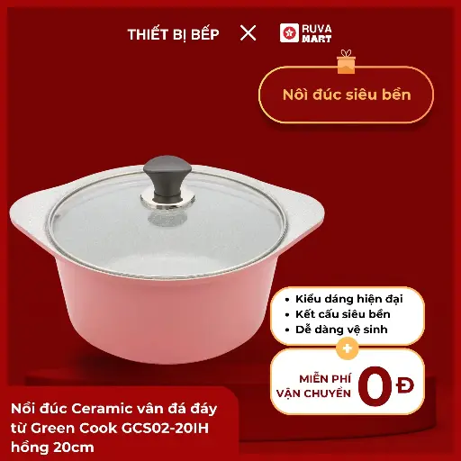 [BCGRT] Nồi đúc Ceramic vân đá đáy từ Green Cook GCS02-20IH hồng 20cm - 1729