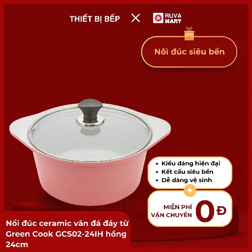 [BCGRT] Nồi đúc ceramic vân đá đáy từ Green Cook GCS02-24IH hồng 24cm - 1730