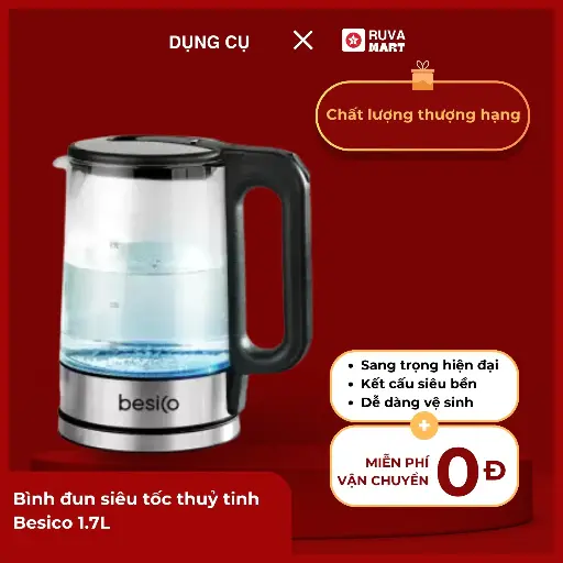 [MMK] Bình đun siêu tốc thuỷ tinh Besico 1.7L - 1989