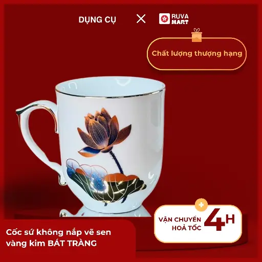 [PVC] Cốc sứ không nắp vẽ sen vàng kim - 2228