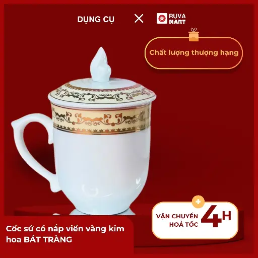 [PVC] Cốc sứ có nắp viền vàng kim hoa - 2229